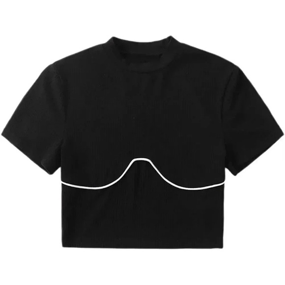 MakeMeChic Mock Neck Ribbed Knit Black White Bust Line Short Sleeve Crop Top M - Picture 4 of 8